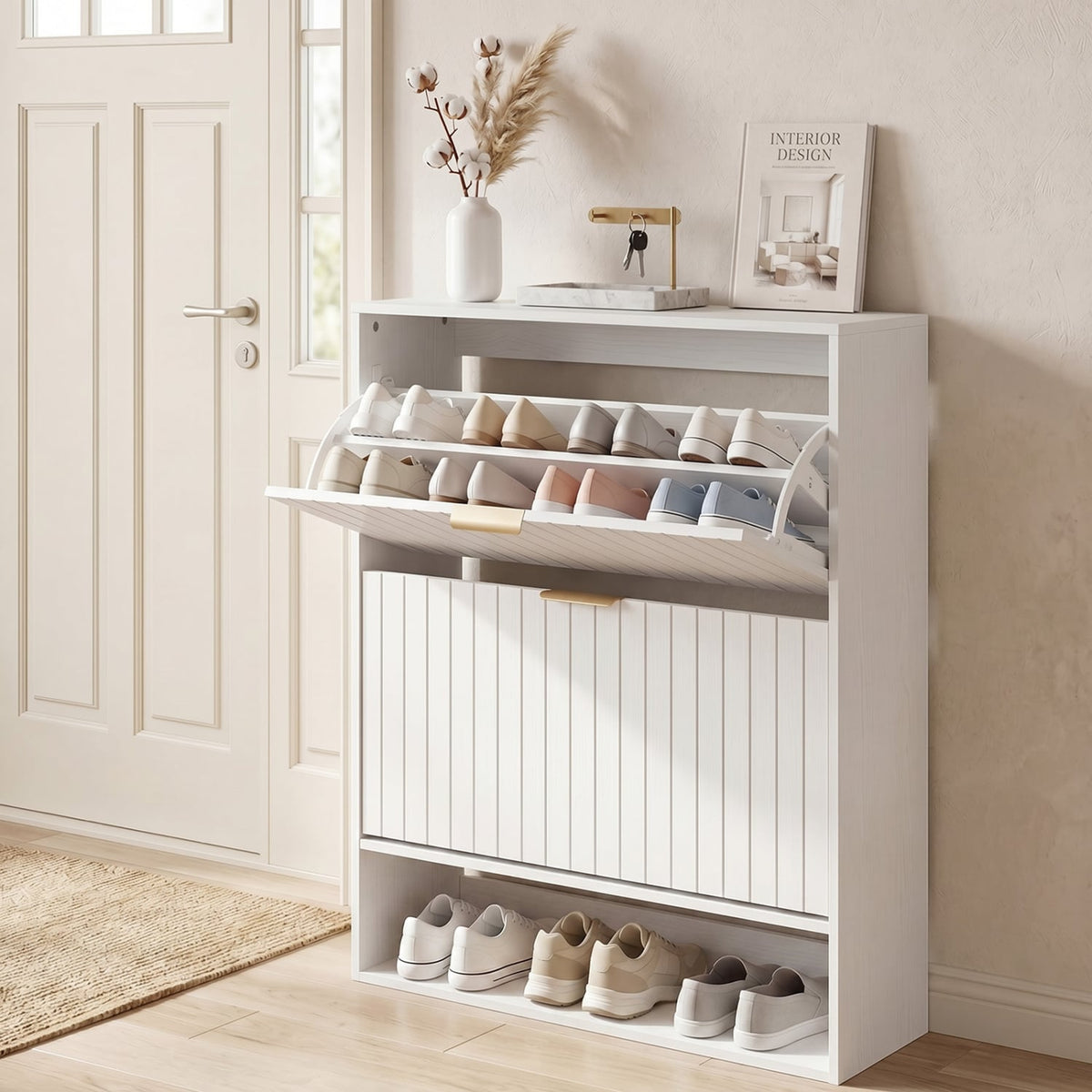 Fluted Hidden Shoe Cabinet with 2 Flip Drawers and Open Storage-White view 3