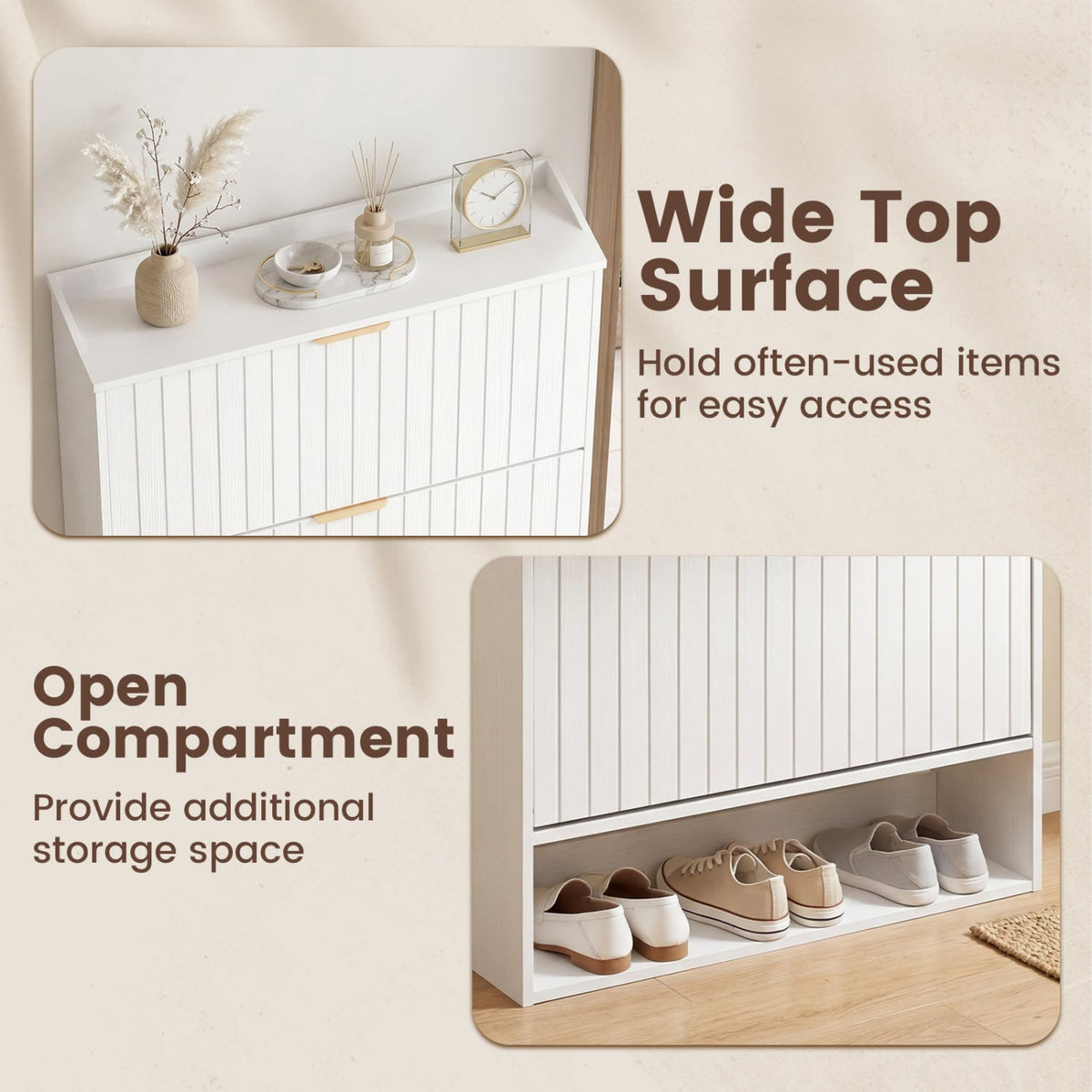 Fluted Hidden Shoe Cabinet with 2 Flip Drawers and Open Storage-White view 8