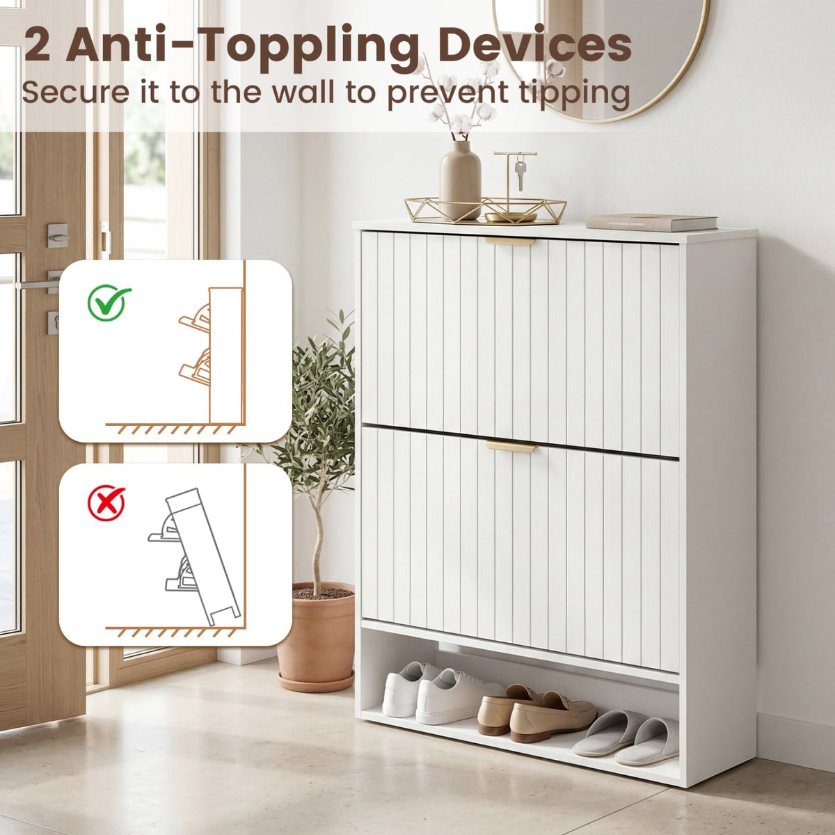 Fluted Hidden Shoe Cabinet with 2 Flip Drawers and Open Storage-White view 9
