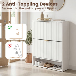 Fluted Hidden Shoe Cabinet with 2 Flip Drawers and Open Storage-White view 9