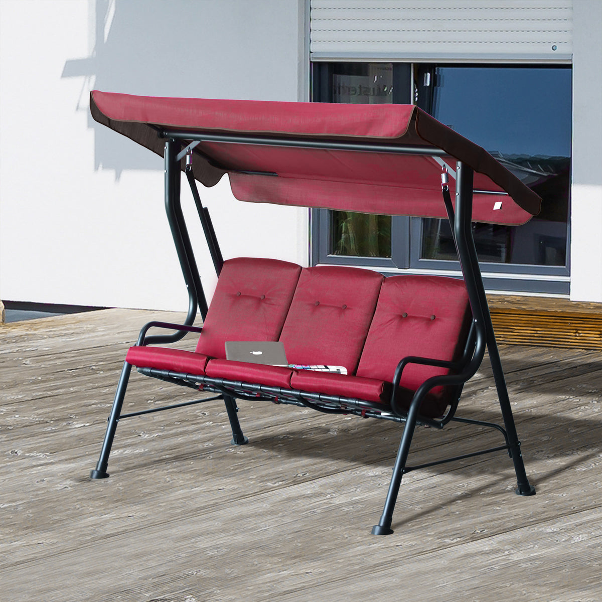 3-Person Porch Swing Chair, Patio Swing Bench with Adjustable Canopy – view 9