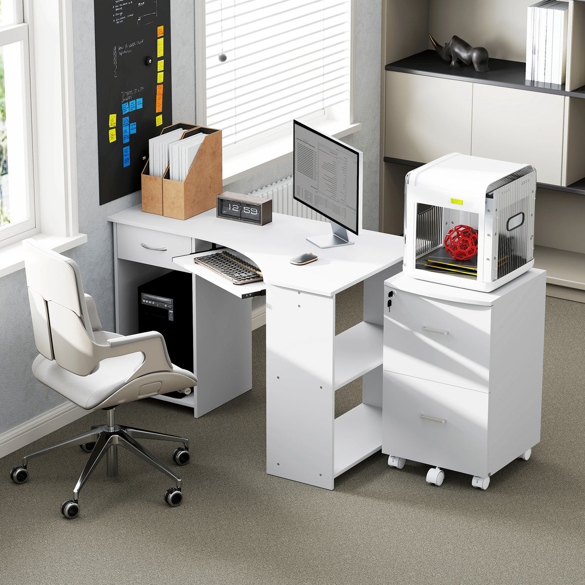 L-Shaped Computer Desk and File Cabinet Set for Bedroom, White