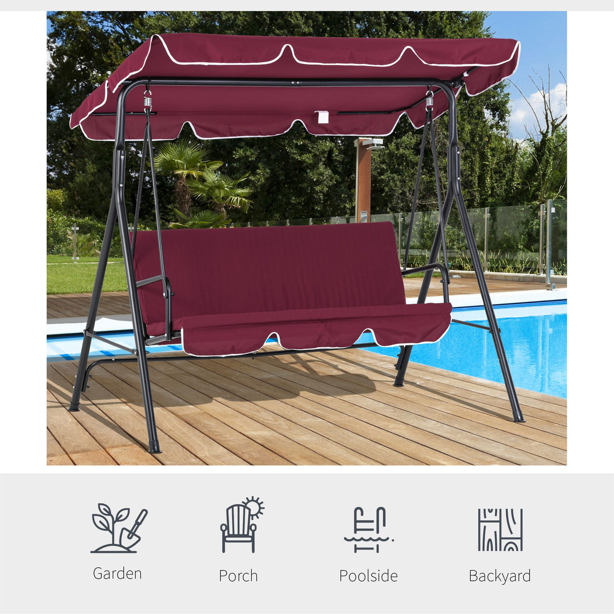 3-Seater Outdoor Porch Swing with Adjustable Canopy, Patio Swing Chair for Garden, Poolside, Backyard, Green and White