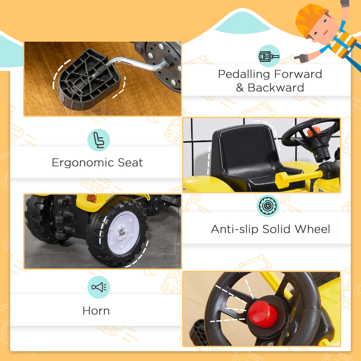 Aosom Ride on Tractor for Kids, Pedal Construction Car with Front Loader Digger for 3 Years Old, Yellow