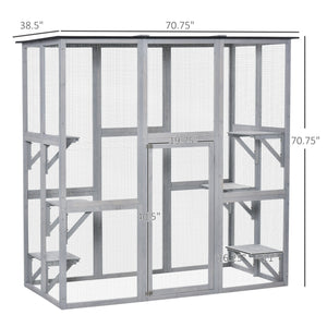 Large Outdoor Catio Enclosure, Weatherproof Cat House with Asphalt Roof,  Wooden Cat Patio Cage with 6 Balanced Platforms, 71" x 39" x 71", Grey