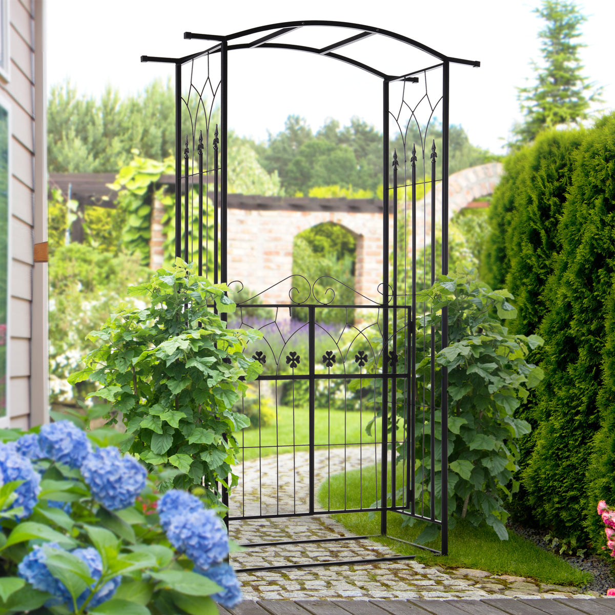 Outdoor Metal Trellis Garden Arch Arbor w/ Lucky Leaf Clover Gate for Ceremony Wedding Party Garden Lawn, Black
