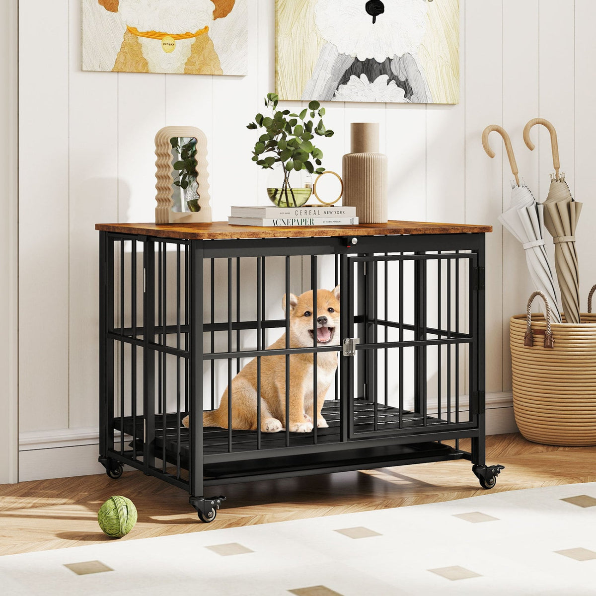 Foldable Dog Crate Furniture with Removable Tray and Lockable Door-S view 2