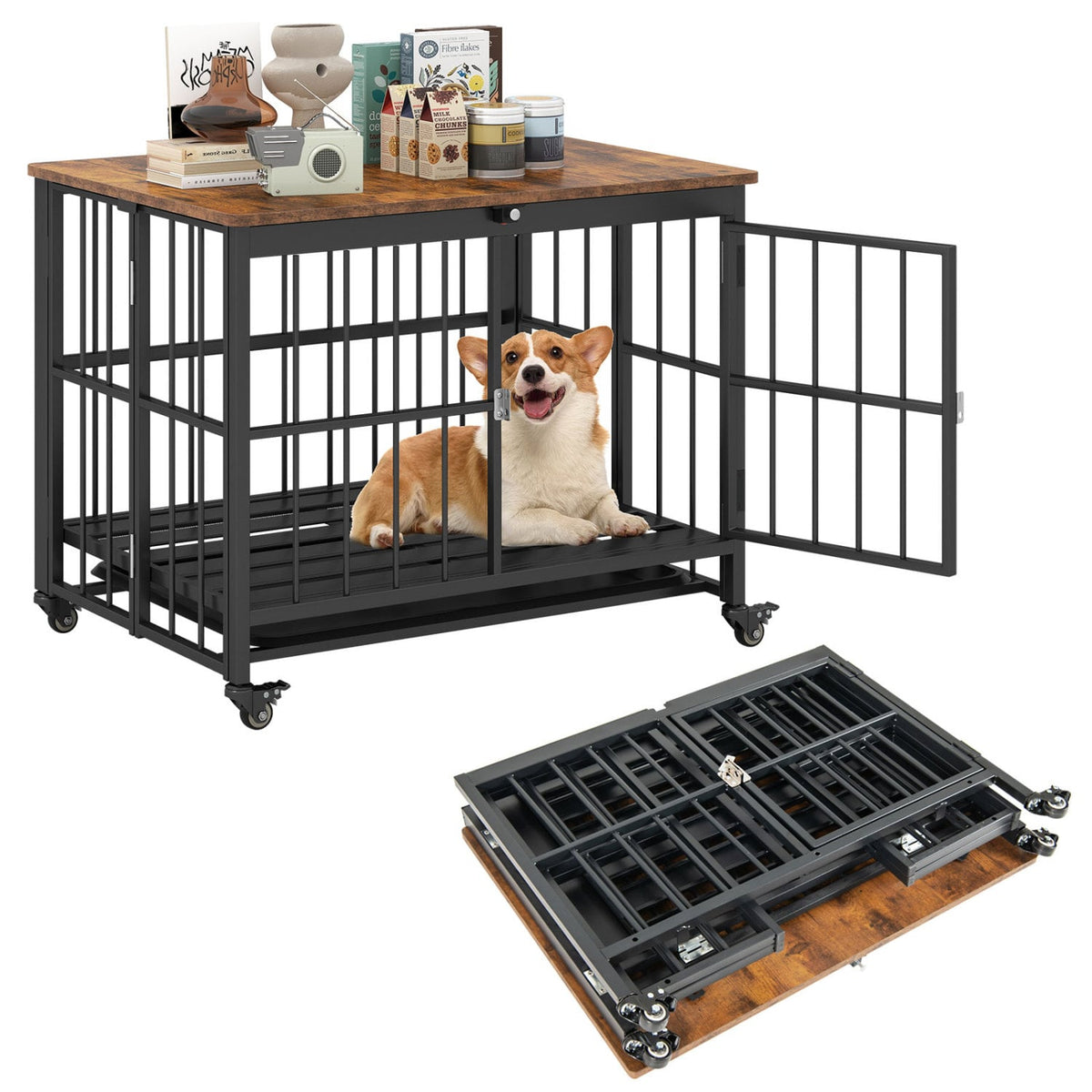 Foldable Dog Crate Furniture with Removable Tray and Lockable Door-S view 4