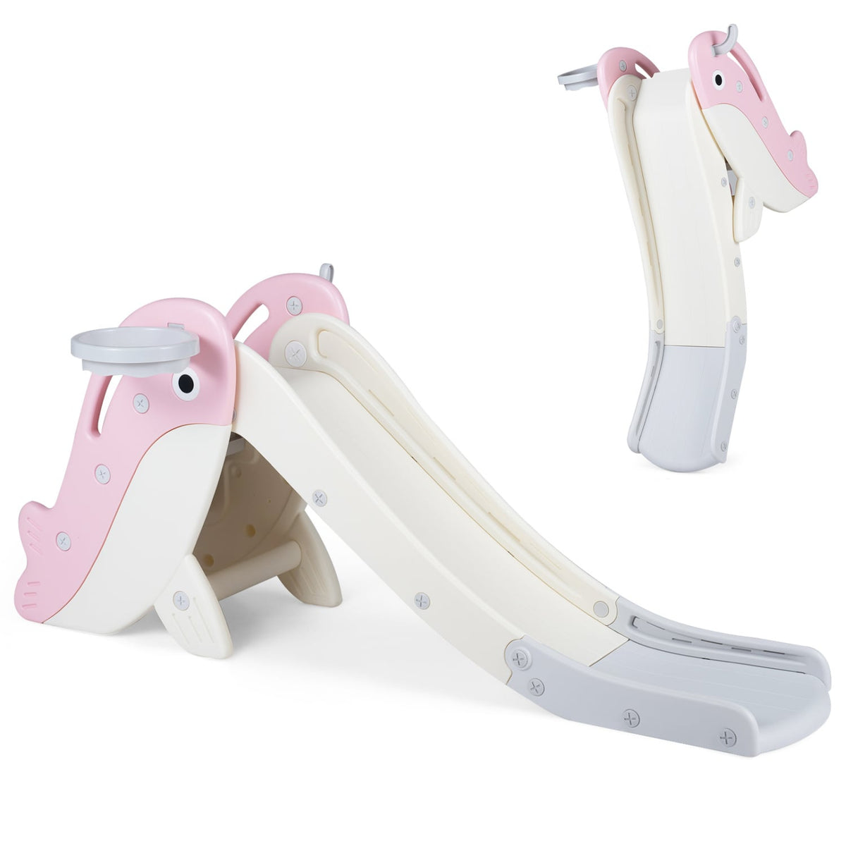 Foldable Freestanding Baby Slide Climber Playset with Basketball Hoop for Kids-Pink view 3
