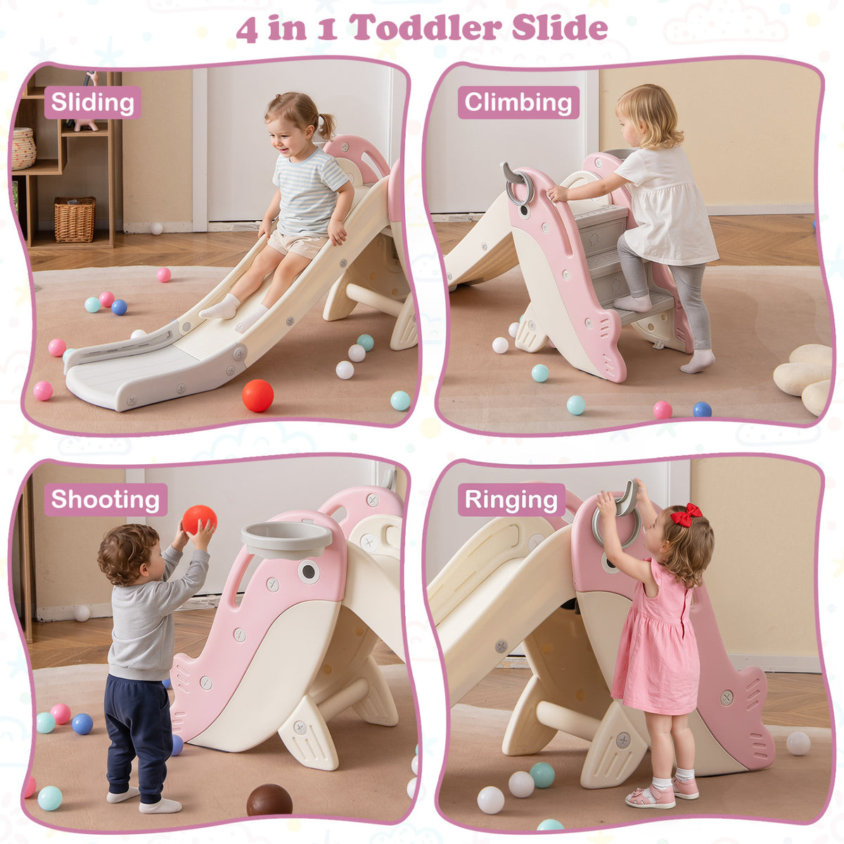 Foldable Freestanding Baby Slide Climber Playset with Basketball Hoop for Kids-Pink view 5