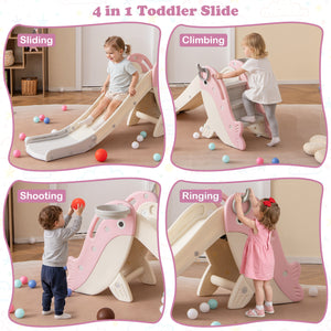 Foldable Freestanding Baby Slide Climber Playset with Basketball Hoop for Kids-Pink view 5
