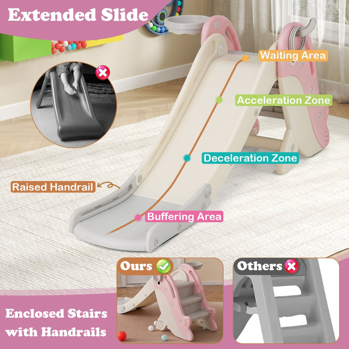 Foldable Freestanding Baby Slide Climber Playset with Basketball Hoop for Kids-Pink view 6