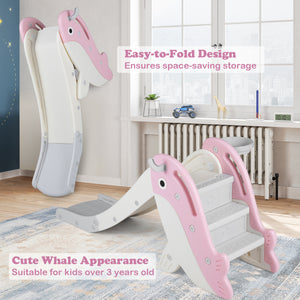 Foldable Freestanding Baby Slide Climber Playset with Basketball Hoop for Kids-Pink view 7