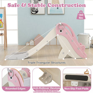Foldable Freestanding Baby Slide Climber Playset with Basketball Hoop for Kids-Pink view 8