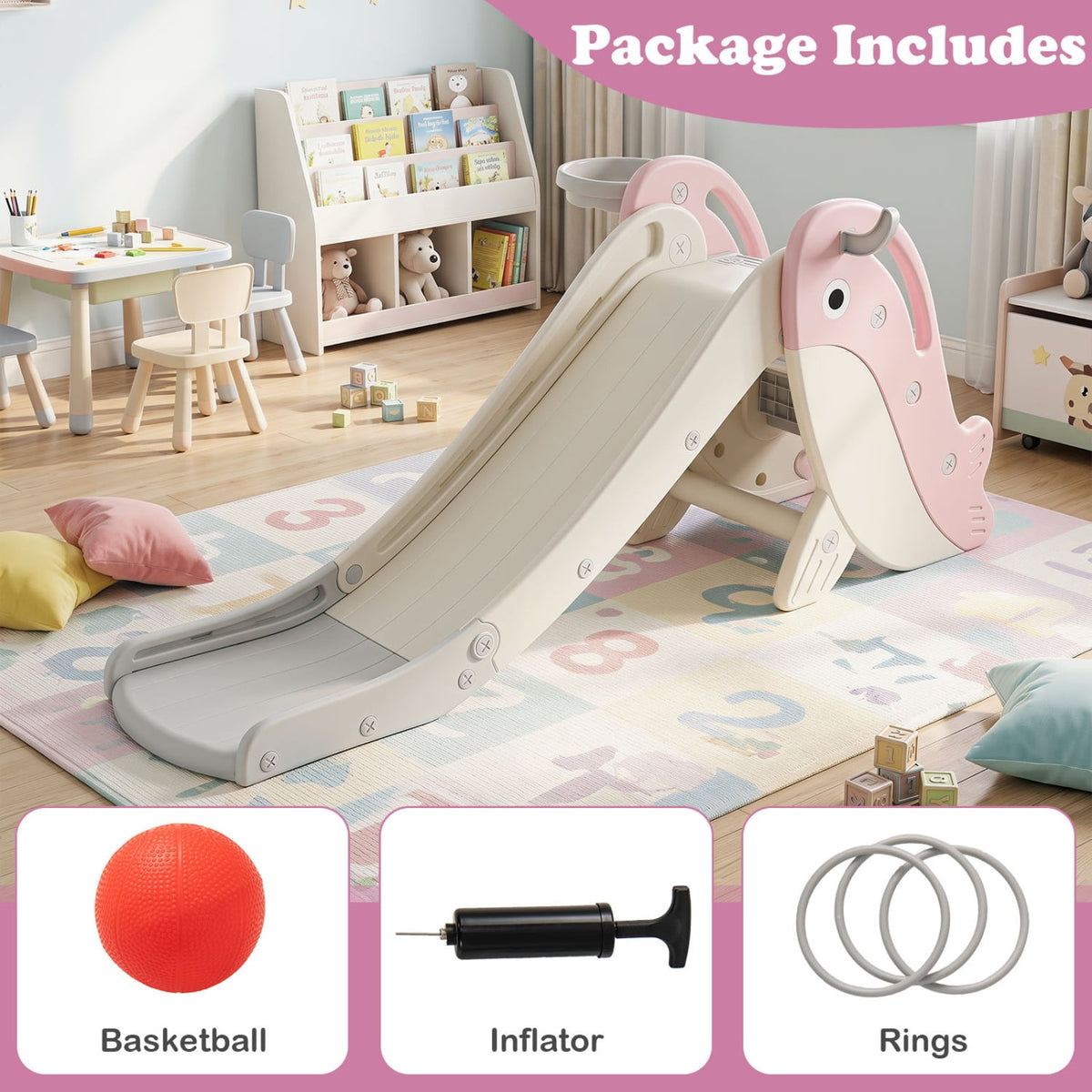 Foldable Freestanding Baby Slide Climber Playset with Basketball Hoop for Kids-Pink view 9