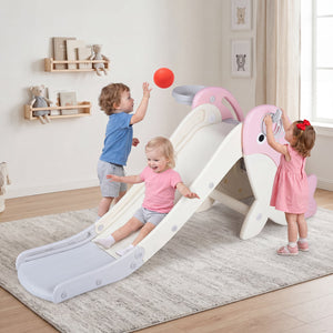 Foldable Freestanding Baby Slide Climber Playset with Basketball Hoop for Kids-Pink view 2