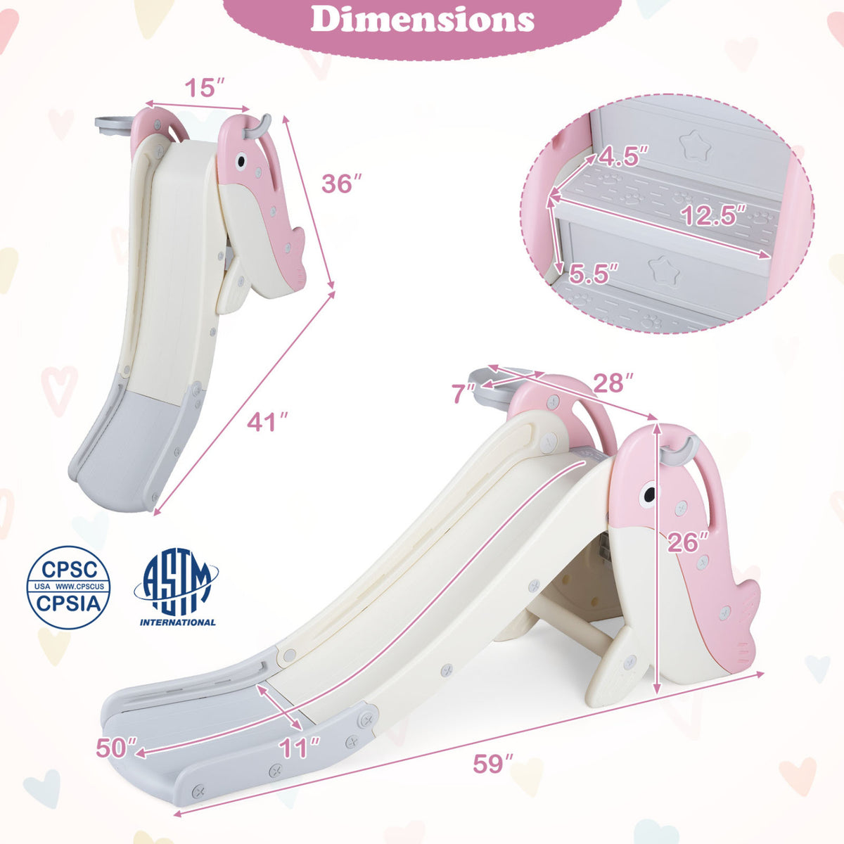 Foldable Freestanding Baby Slide Climber Playset with Basketball Hoop for Kids-Pink view 4