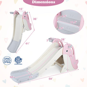 Foldable Freestanding Baby Slide Climber Playset with Basketball Hoop for Kids-Pink view 4