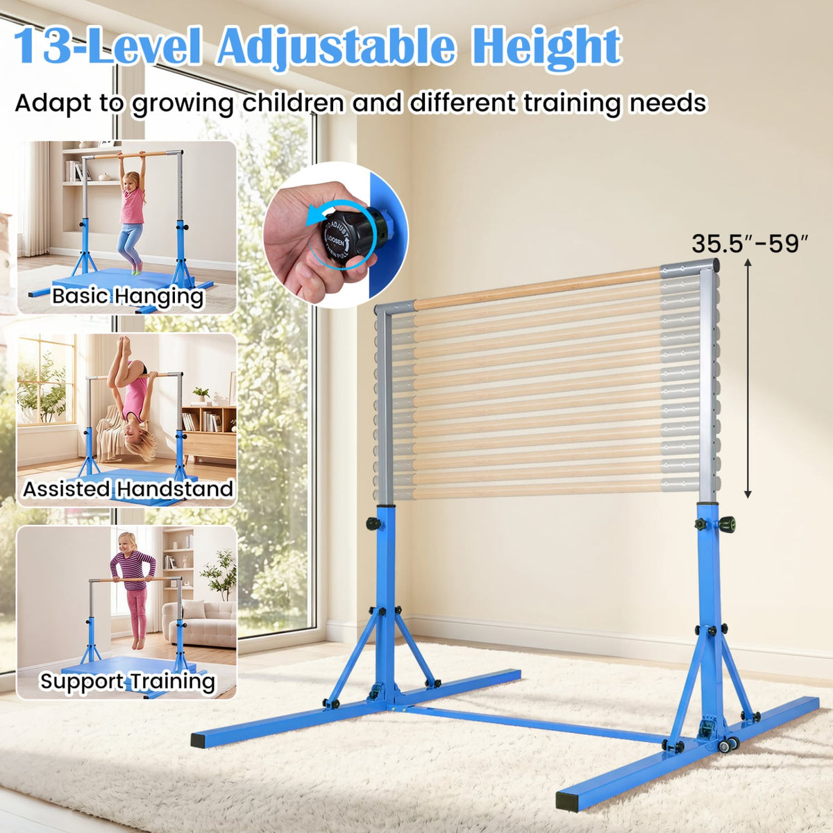 Foldable Gymnastics Bar for Kids with 3-Level Adjustable Heights-Blue view 6