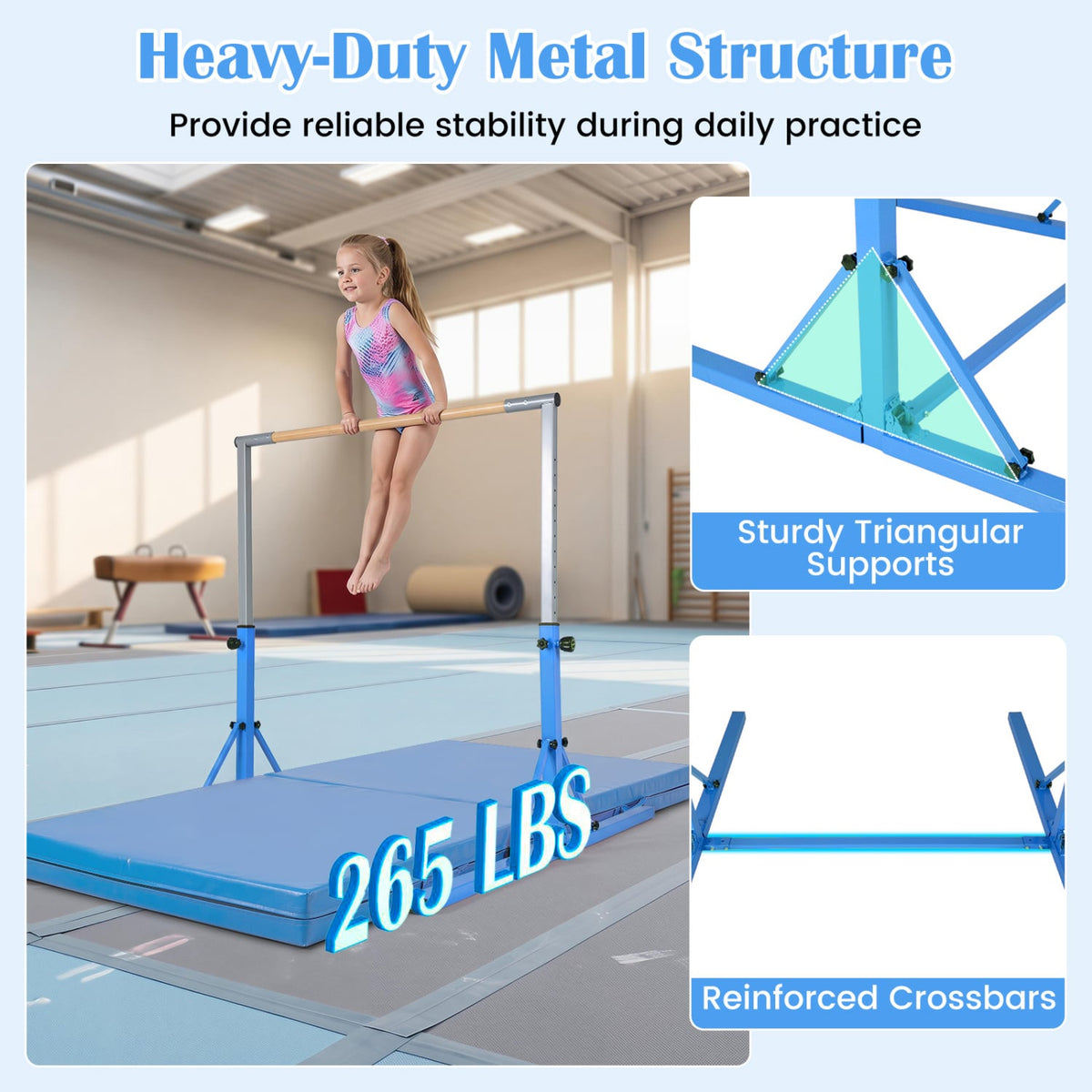 Foldable Gymnastics Bar for Kids with 3-Level Adjustable Heights-Blue view 7