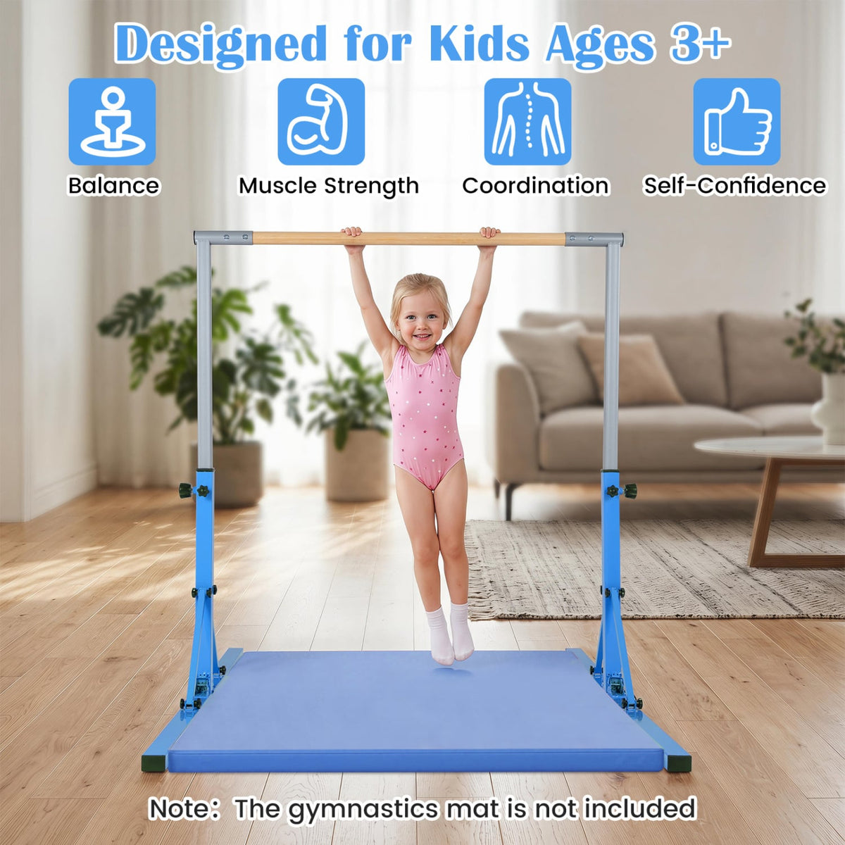 Foldable Gymnastics Bar for Kids with 3-Level Adjustable Heights-Blue view 8