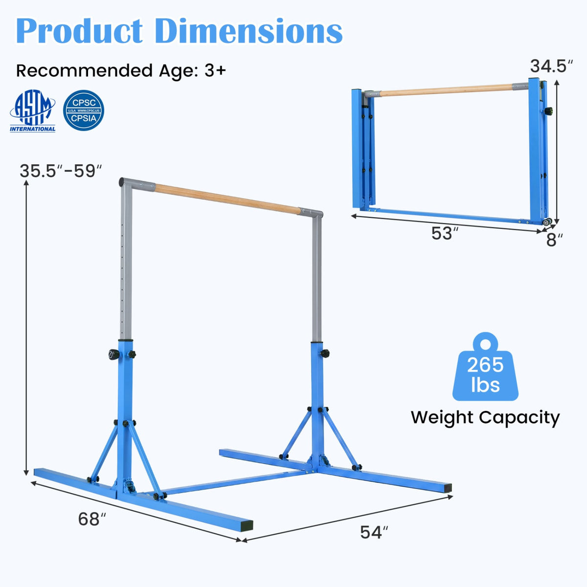 Foldable Gymnastics Bar for Kids with 3-Level Adjustable Heights-Blue view 5