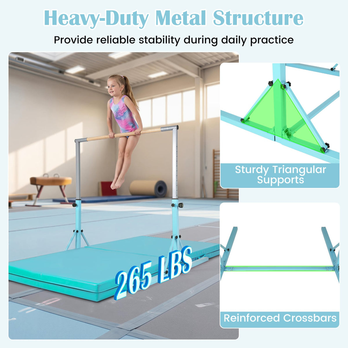 Foldable Gymnastics Bar for Kids with 3-Level Adjustable Heights-Green view 7