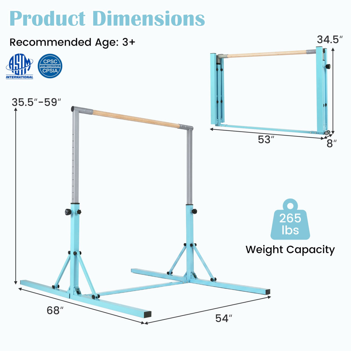 Foldable Gymnastics Bar for Kids with 3-Level Adjustable Heights-Green view 5