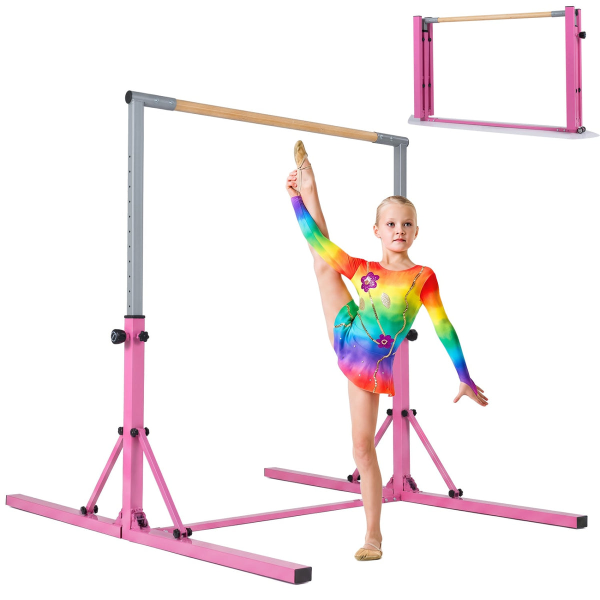 Foldable Gymnastics Bar for Kids with 3-Level Adjustable Heights-Pink view 4