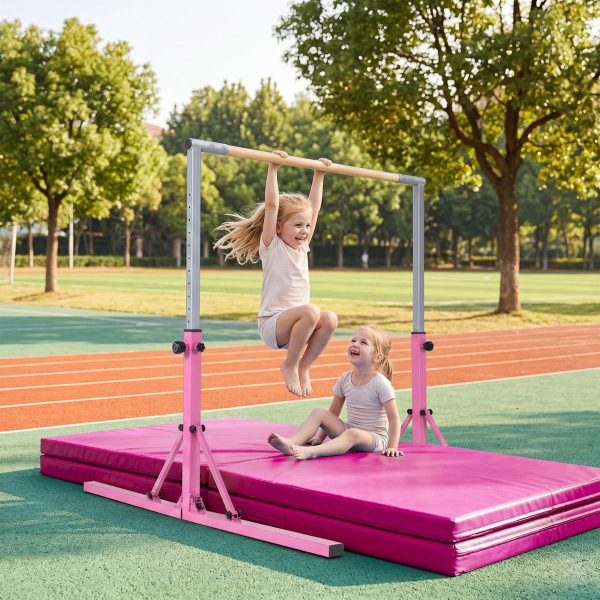 Foldable Gymnastics Bar for Kids with 3-Level Adjustable Heights-Pink view 2