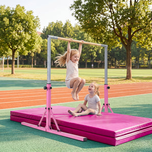 Foldable Gymnastics Bar for Kids with 3-Level Adjustable Heights-Pink view 2