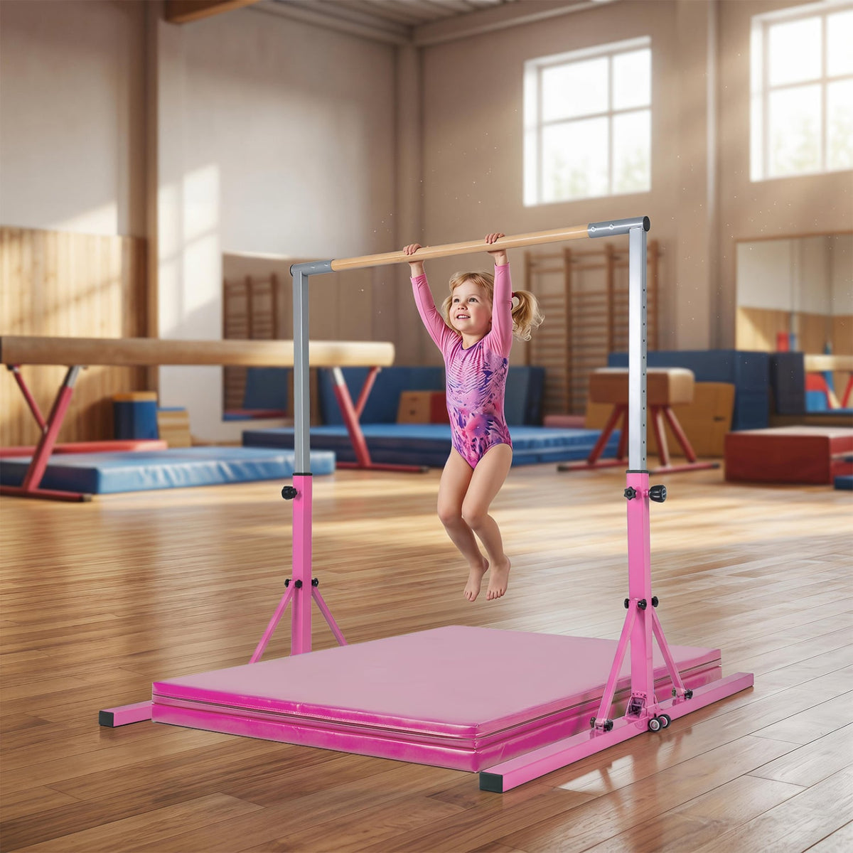 Foldable Gymnastics Bar for Kids with 3-Level Adjustable Heights-Pink view 3