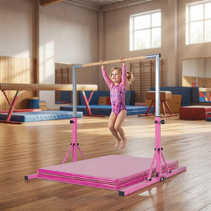 Foldable Gymnastics Bar for Kids with 3-Level Adjustable Heights-Pink view 3