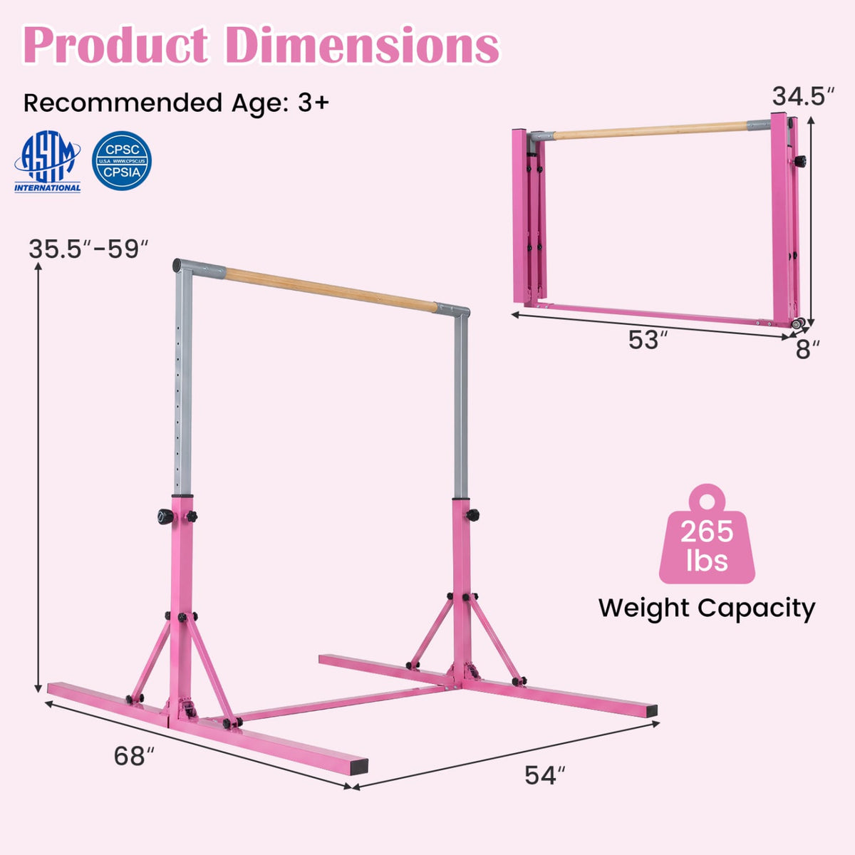 Foldable Gymnastics Bar for Kids with 3-Level Adjustable Heights-Pink view 5