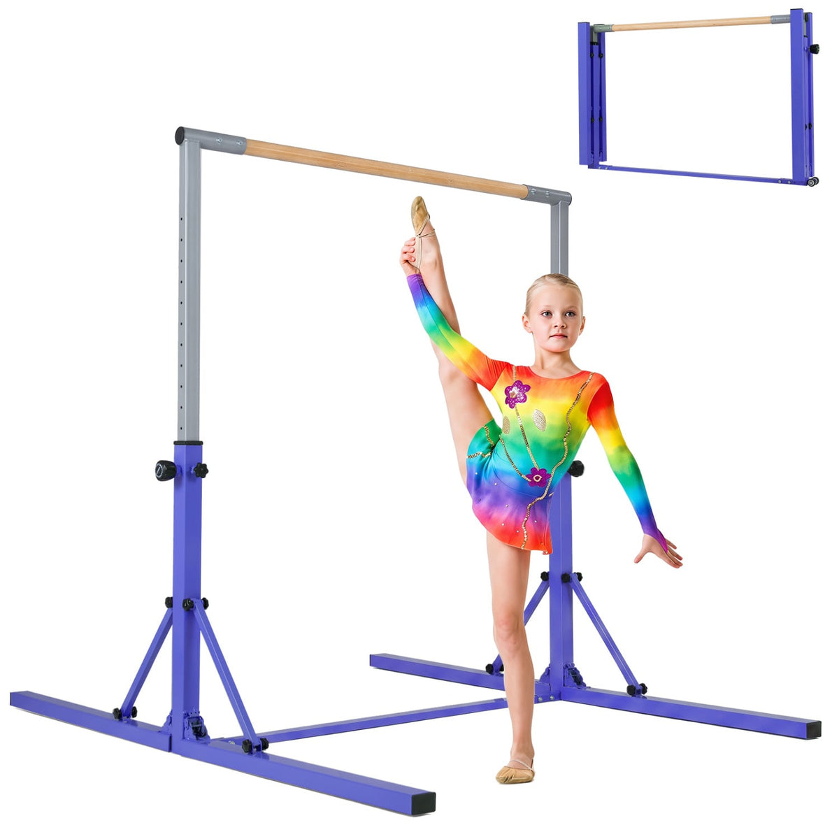 Foldable Gymnastics Bar for Kids with 3-Level Adjustable Heights-Purple view 4