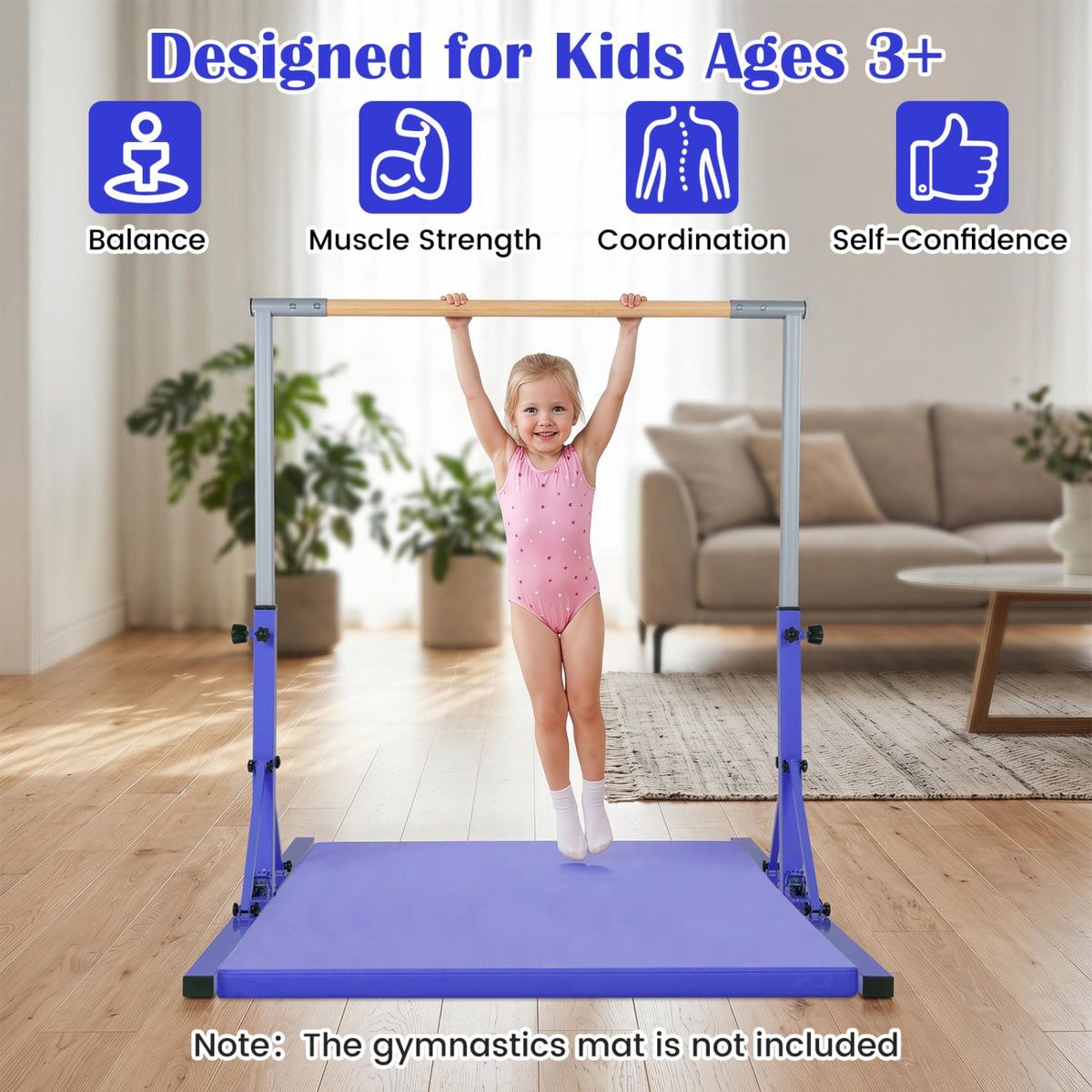 Foldable Gymnastics Bar for Kids with 3-Level Adjustable Heights-Purple view 8