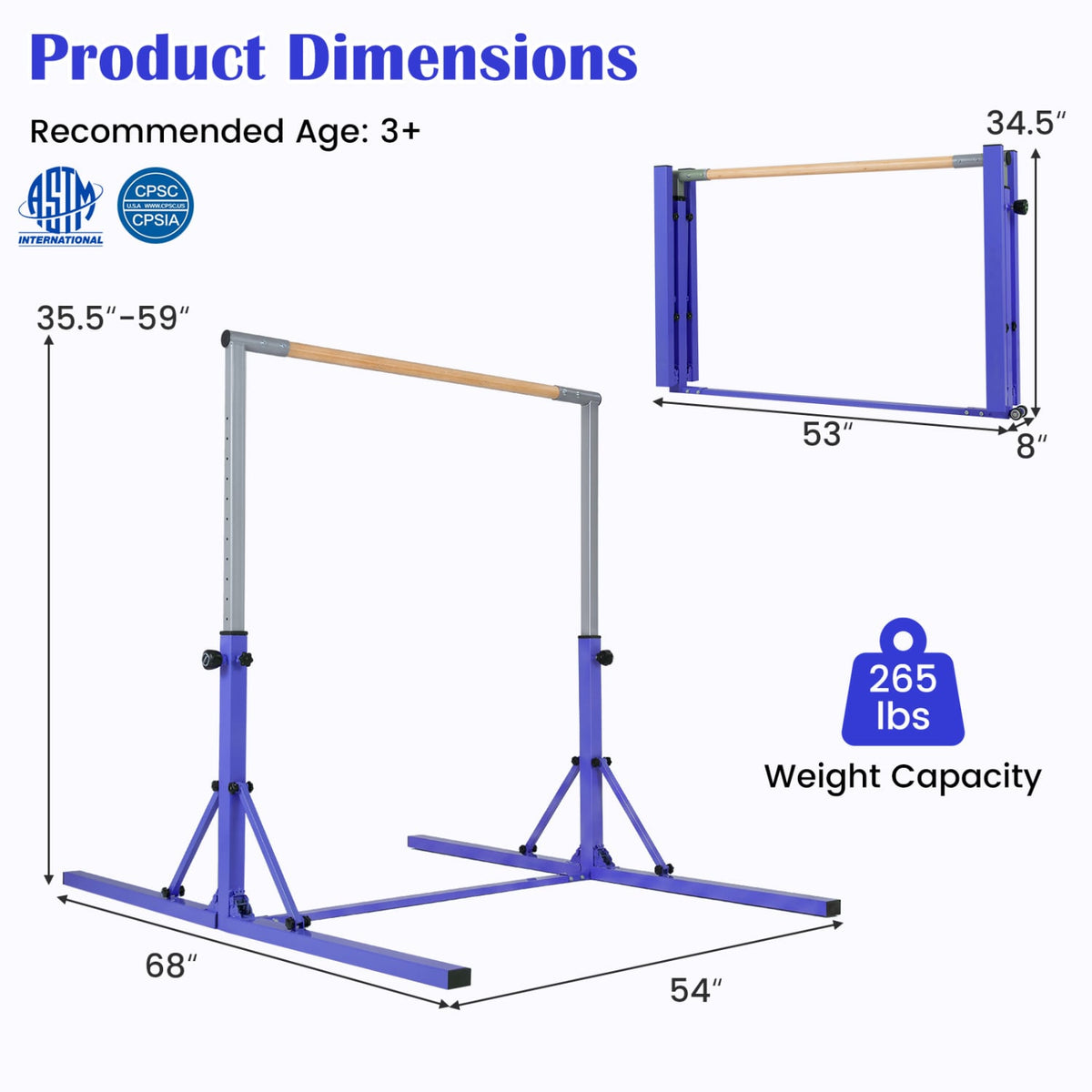 Foldable Gymnastics Bar for Kids with 3-Level Adjustable Heights-Purple view 5