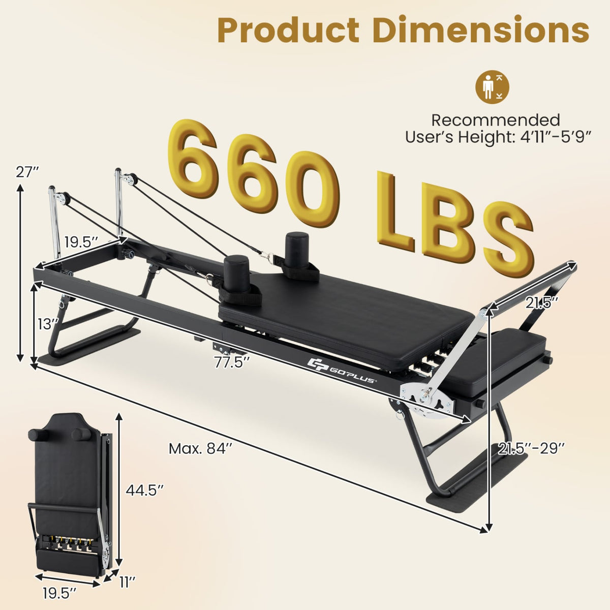 Foldable Pilates Reformer Machine for Home Gym Large Pilates Equipment-Black view 4