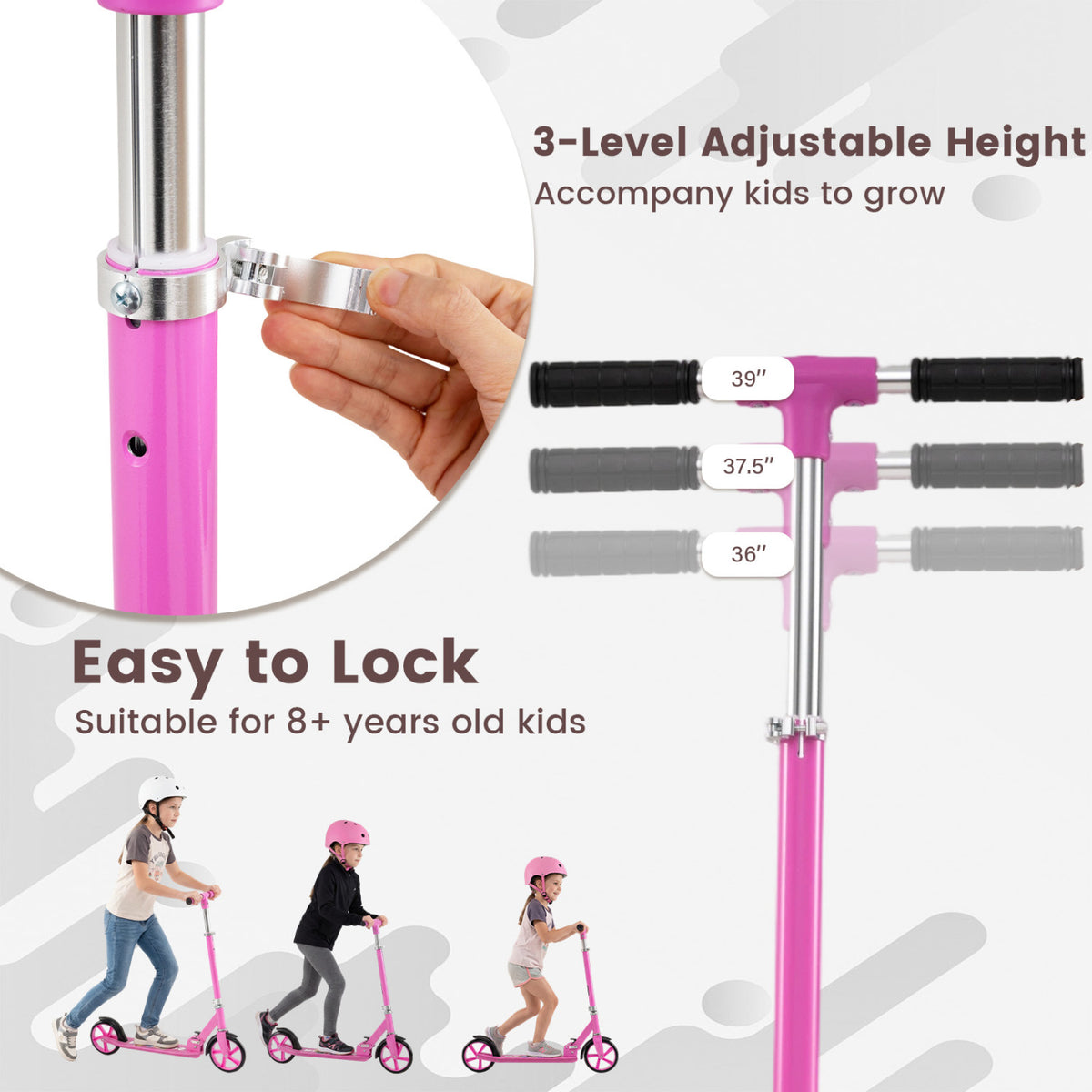 Folding Aluminum Alloy Scooter with 3 Adjustable Heights-Pink view 6