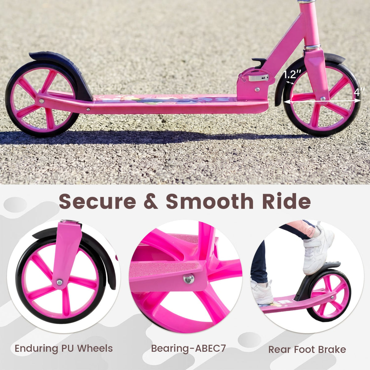 Folding Aluminum Alloy Scooter with 3 Adjustable Heights-Pink view 8