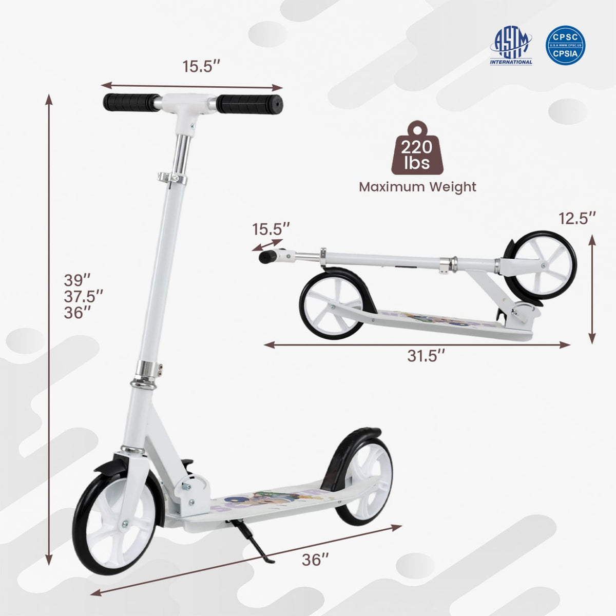 Folding Aluminum Alloy Scooter with 3 Adjustable Heights-White view 5