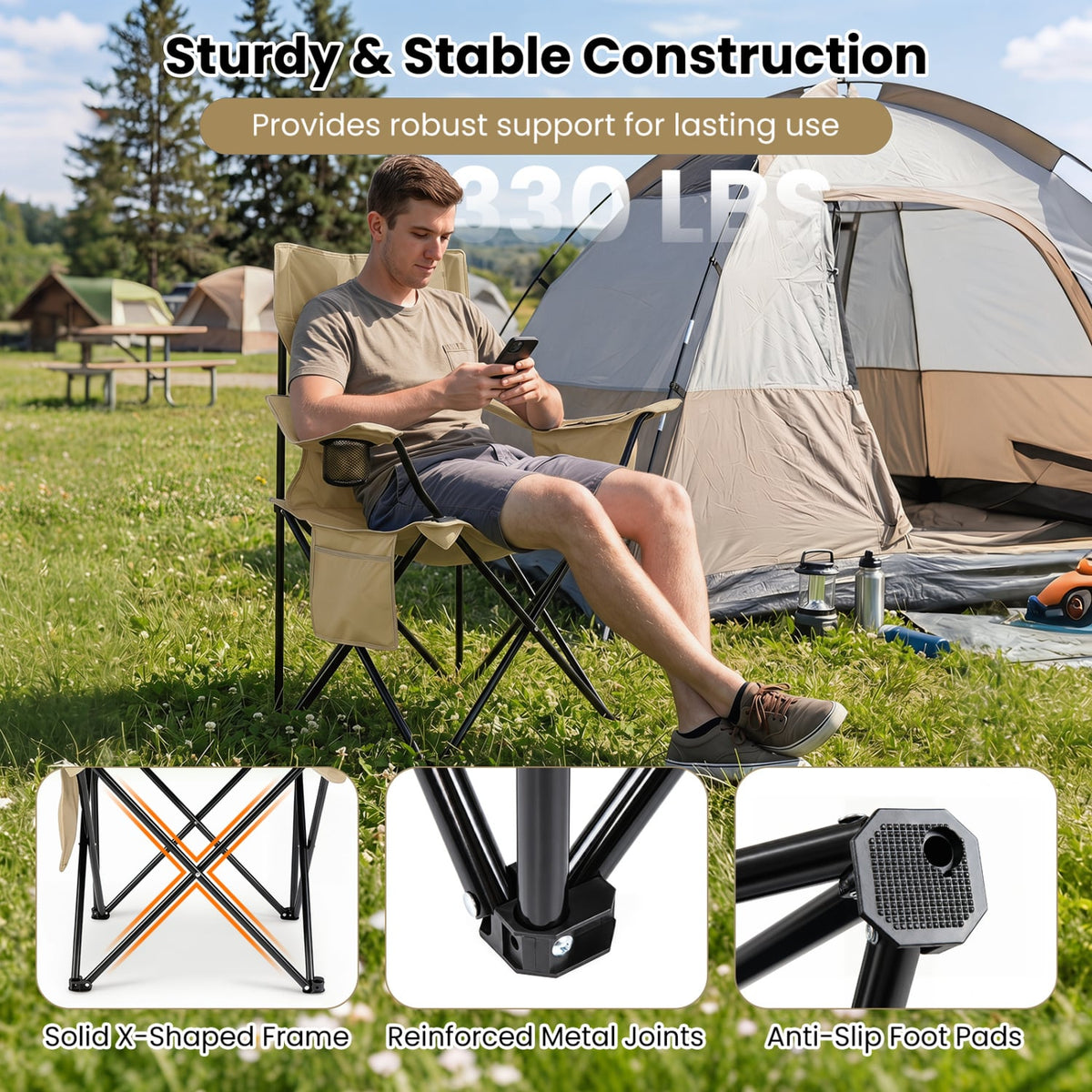 Folding Camping Chair with Mesh Fabric Backrest Solid Metal Frame and Carrying Bag-Green view 7