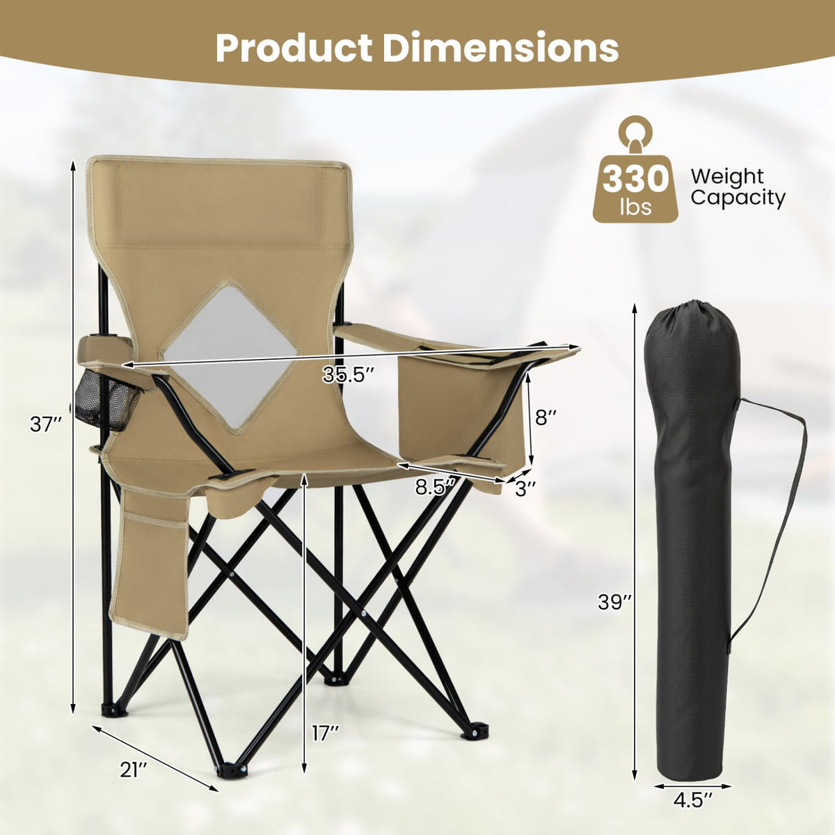 Folding Camping Chair with Mesh Fabric Backrest Solid Metal Frame and Carrying Bag-Green view 5