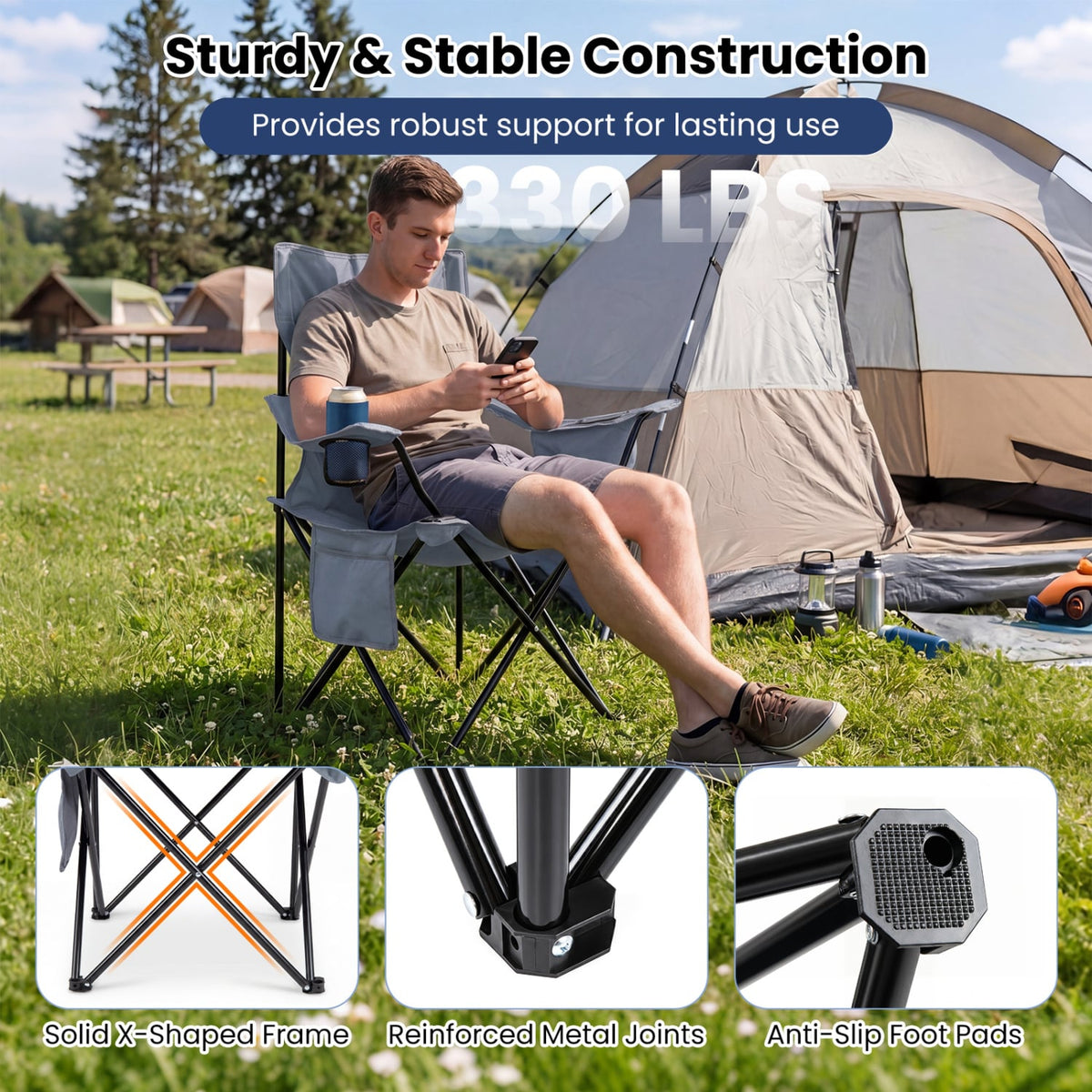 Folding Camping Chair with Mesh Fabric Backrest Solid Metal Frame and Carrying Bag-Gray view 7