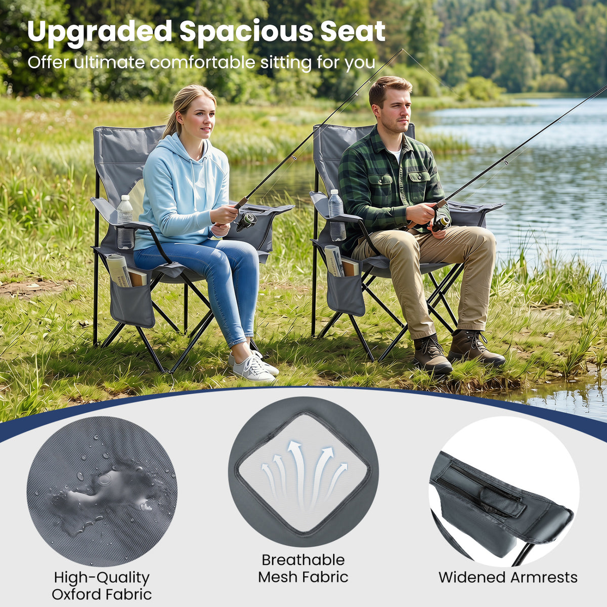 Folding Camping Chair with Mesh Fabric Backrest Solid Metal Frame and Carrying Bag-Gray view 8