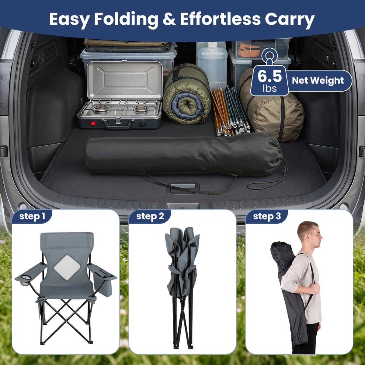 Folding Camping Chair with Mesh Fabric Backrest Solid Metal Frame and Carrying Bag-Gray view 9