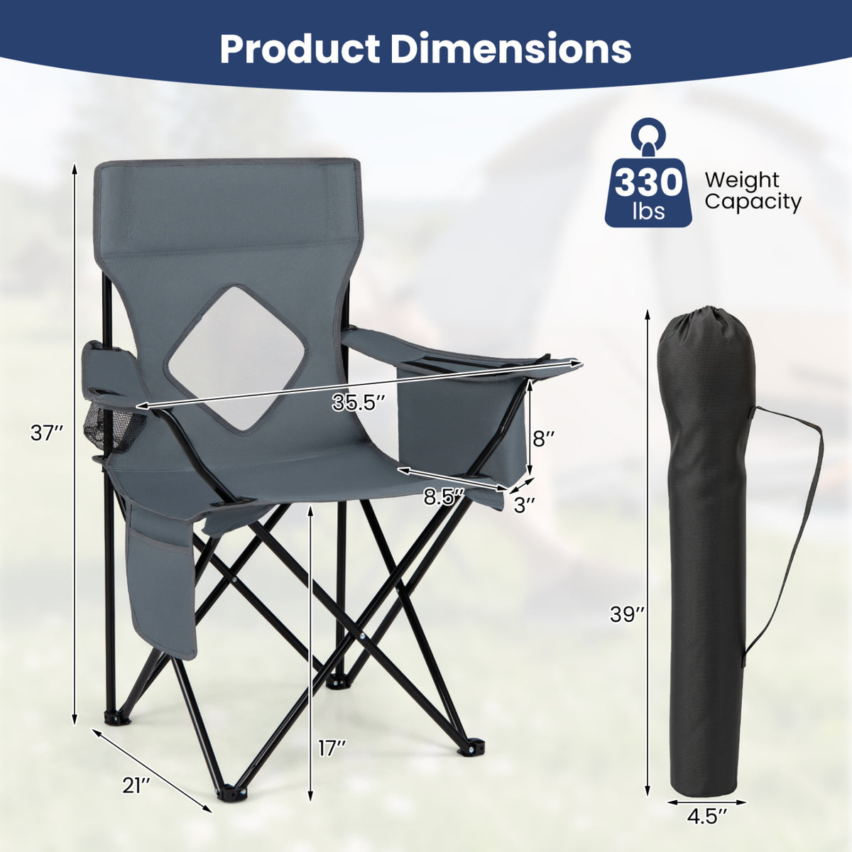 Folding Camping Chair with Mesh Fabric Backrest Solid Metal Frame and Carrying Bag-Gray view 5