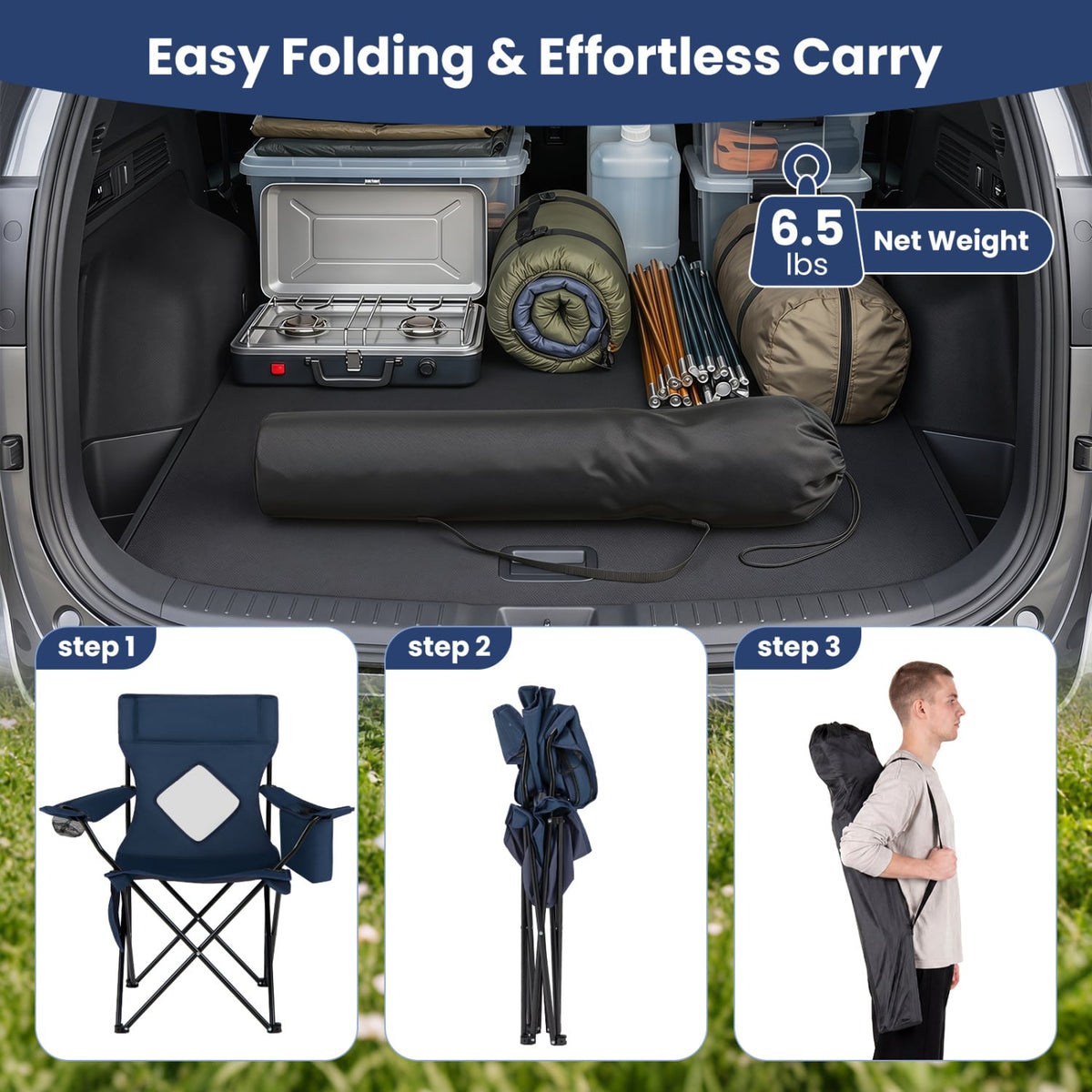 Folding Camping Chair with Mesh Fabric Backrest Solid Metal Frame and Carrying Bag-Blue view 9
