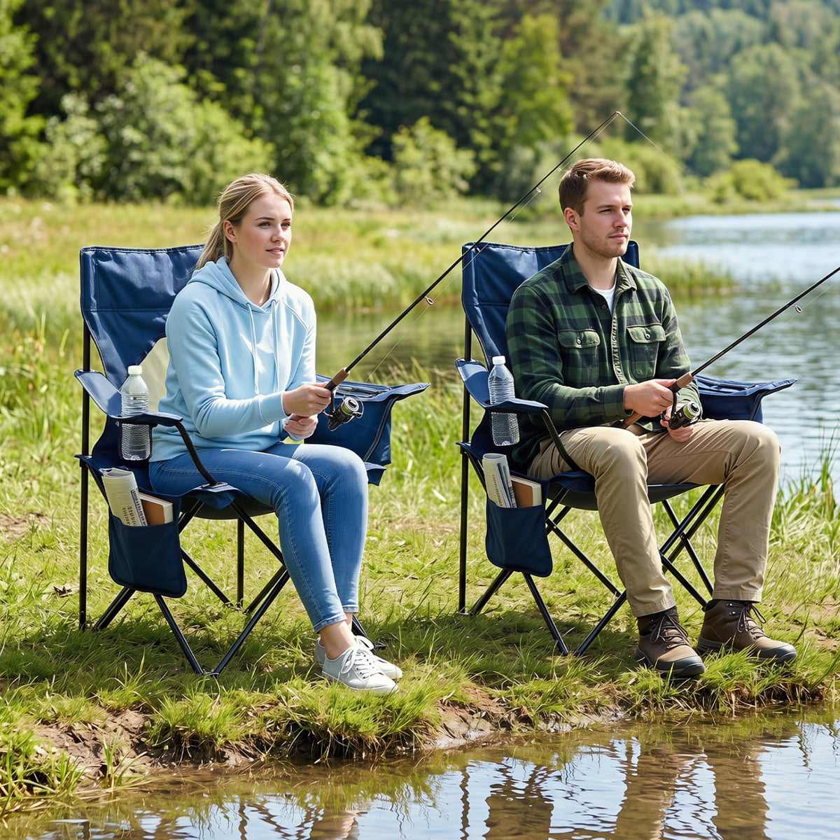 Folding Camping Chair with Mesh Fabric Backrest Solid Metal Frame and Carrying Bag-Blue view 2
