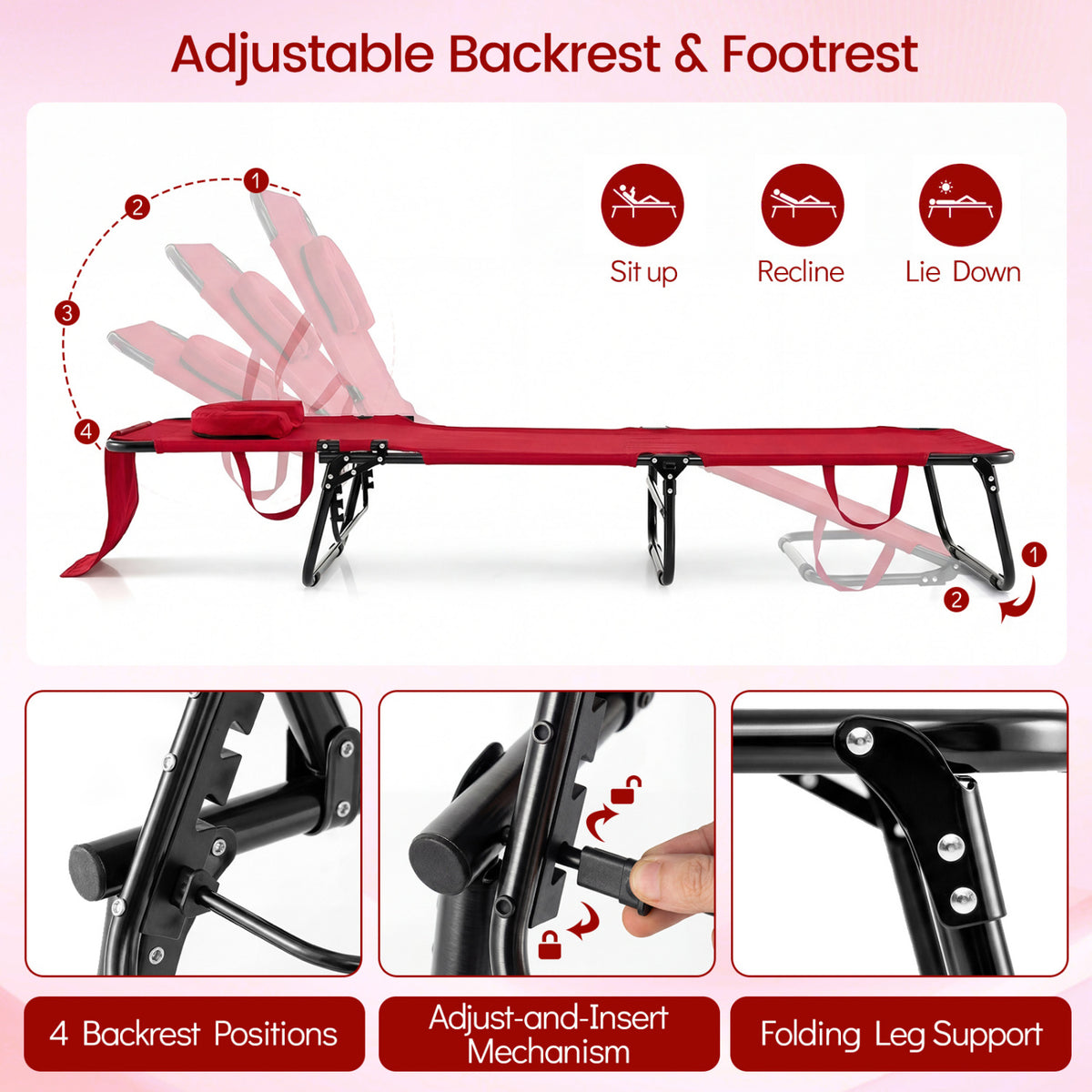 Folding Face Down Tanning Chair with Face Hole 3 Removable Pillows-Red view 5